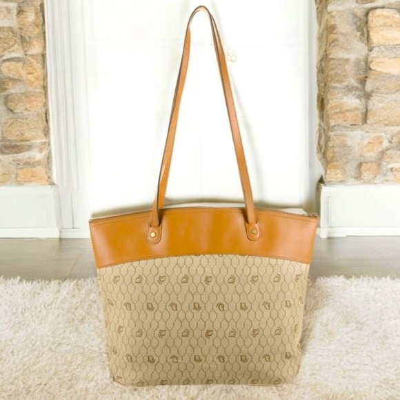 CHRISTIAN DIOR Honeycomb Canvas & Leather Tote, Vintage. GUC - Picture 2 of 11